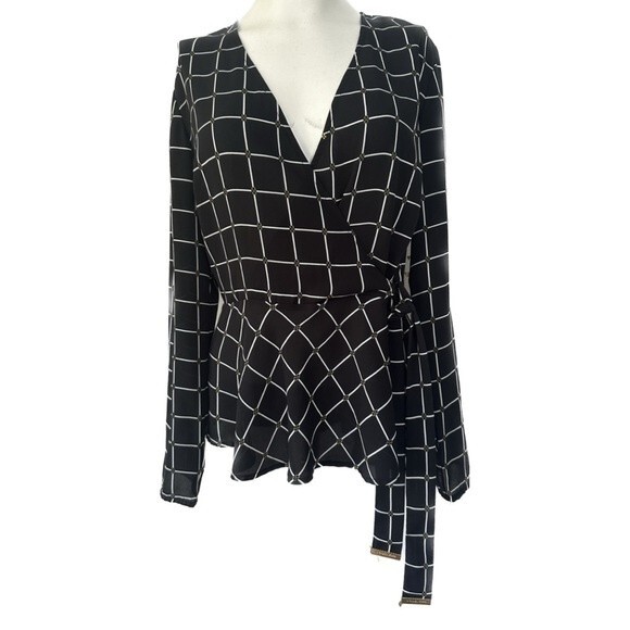 Michael Kors Women's Windowpane Peplum Faux Wrap Long Sleeve Blouse Top XS - Picture 1 of 5